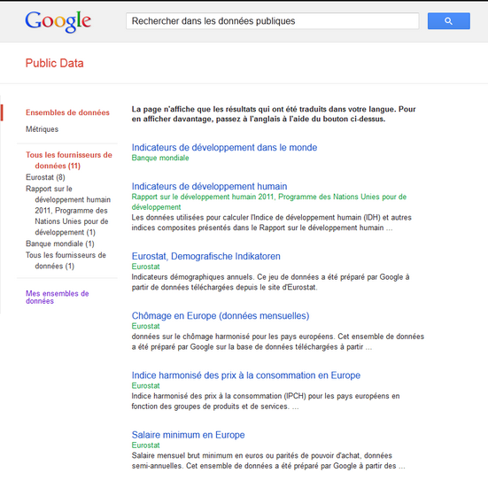 Una page de résultats de recherche sur les public data de Google